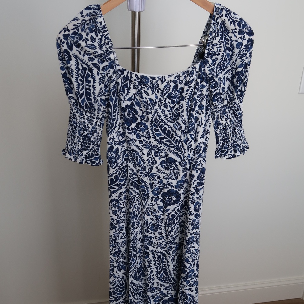 Blue & White Floral Midi Dress with Smocked Sleeves and Square Neckline